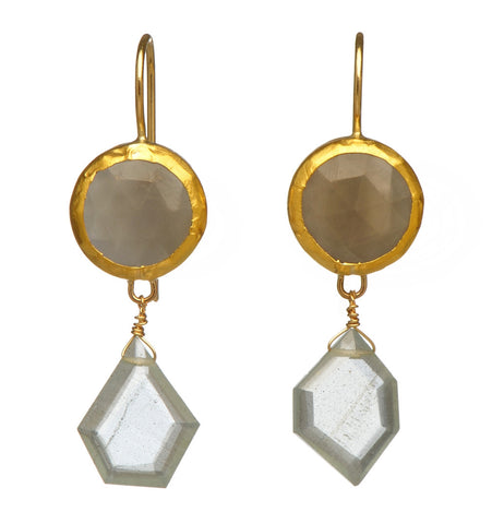 <P dir=ltr class=Body>Gray Moonstone Earrings wrapped with 24K Gold and an Aquamarine drop Hang&nbsp; 40mm Width 10mm</P>