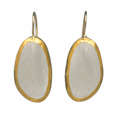 <P dir=ltr class=Body>Long uneven shaped Moonstone Earrings, wrapped with 24K Gold Hang 33mm Width 12mm</P>