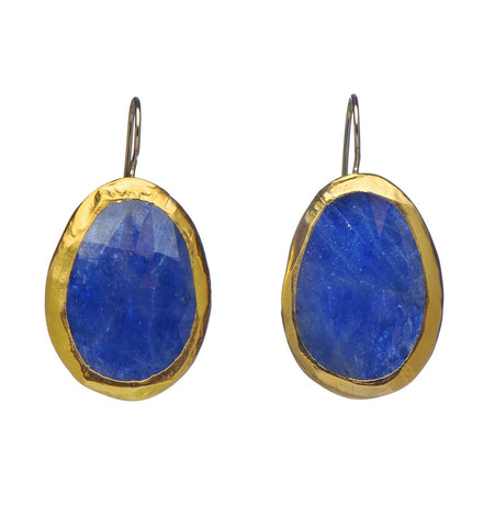 <P dir=ltr class=Body>One Of A Kind Large Blue Sapphire Earrings wrapped with 24K Gold Hang 38mm Width 21mm Shape, color and size of Sapphire may vary!</P>