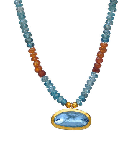 <P dir=ltr class=Body>Necklace of Natural C.Z with an oval drop of Aquamarine wrapped with 24K Gold 18" Long or upon request Aquamarine drop measures: Hang 13mm Width 25mm</P>