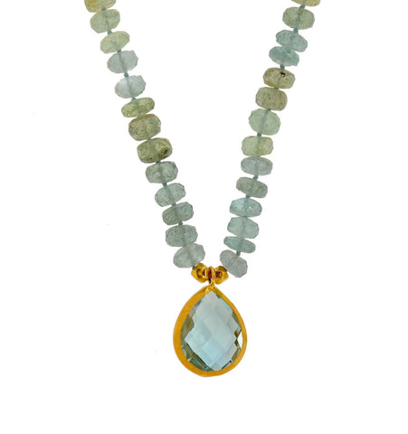 <P dir=ltr class=Body>Moss Aquamarine Necklace with a beautiful Blue Topaz drop, wrapped in 24K Gold. 18" Long</P>