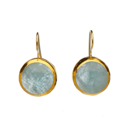 <P dir=ltr class=Body>Round Aquamarine Earrings wrapped with 24K Gold Hang 20mm Width 16mm</P>