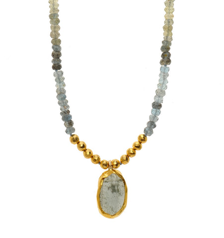 <P dir=ltr class=Body>Moss Aquamarine Necklace with a Moss Aquamarine drop wrapped with 24K Gold </P>