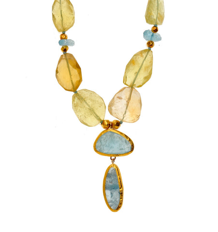 <SPAN style="COLOR: #644f21">Yellow Aquamarine Nugget Necklace with two drops of Aquamarine wrapped with 24K Gold <P dir=ltr class=Body></P>