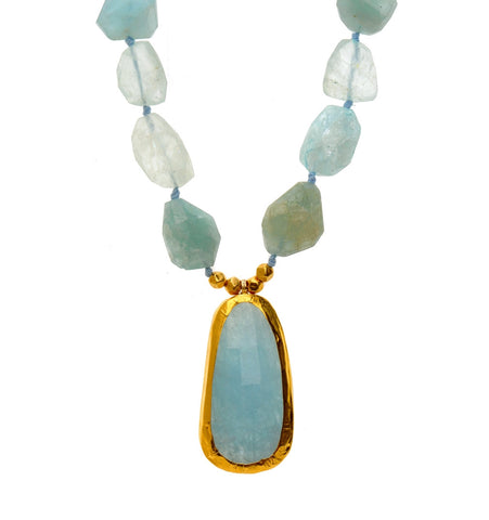 <P dir=ltr class=Body>Aquamarine Nugget necklace with a long Aquamarine drop wrapped with 24K Gold</P>