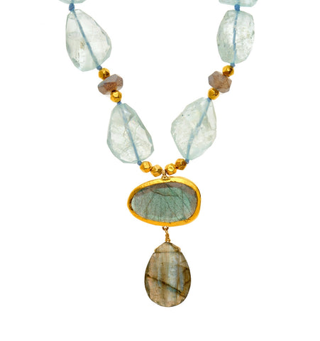 <SPAN style="COLOR: #644f21">Aquamarine nugget Necklace with an uneven shaped oval drop of Labradorite wrapped with 24K Gold and a Labradorite Drop <P dir=ltr class=Body></P>