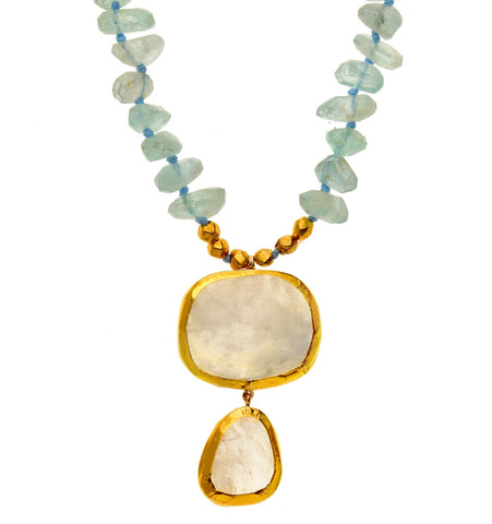 <P dir=ltr class=Body>Aquamarine Necklace with two Large Moonstone drops wrapped with 24K Gold</P>