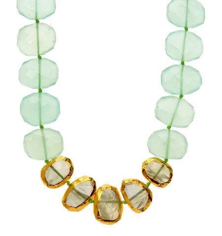 <P class=Body dir=ltr>Peruvian Chalcedony Necklace with five Prehnite Stones&nbsp;wrapped with 24K pure&nbsp;Gold</P>