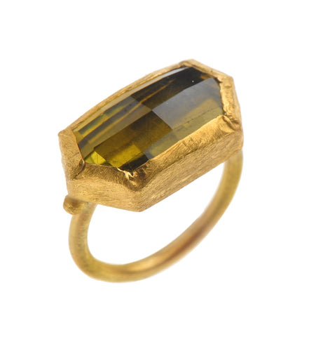 <P class=Body dir=ltr>Gold One of A Kind Uneven shaped Green Tourmaline Ring wrapped with 24K Gold, on Gold Band Measurments of stone is 20 x 12mm </P>