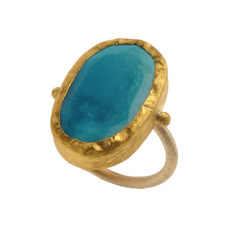 <P dir=ltr class=Body>One of A Kind Long Oval Gold Ring of Natural Turquoise, wrapped with 24K Gold, on Gold Band Measurments of stone is&nbsp;12 x 22mm Available&nbsp;in size&nbsp;6.5 only!</P>