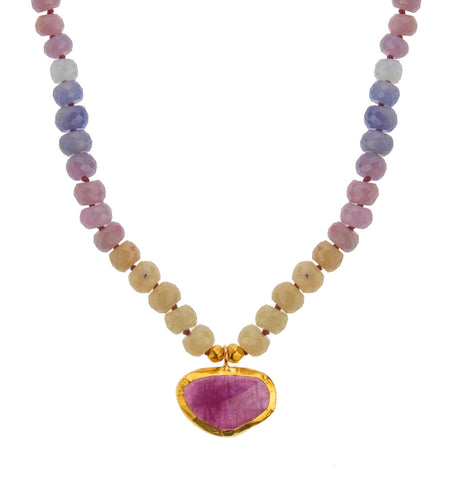 <P dir=ltr class=Body>Multi color Sapphire Necklace with an uneven Tourmaline Drop wrapped with 24K Gold 16.5" Long or upon request. Tourmaline Drop measures&nbsp;22 x 13mm Shape and Color of Tourmaline may vary</P>