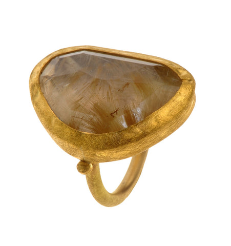 <P One of A Kind Giant uneven shaped, Ruthilated Quartz Gold Ring wrapped with 24K Gold. Measurments of stone: 1.1" X 1.2" <SPAN style="WHITE-SPACE: normal; WORD-SPACING: 0px; TEXT-TRANSFORM: none; FLOAT: none; COLOR: rgb(100,79,33); FONT: 11px/16px Verdana; DISPLAY: inline !important; LETTER-SPACING: normal; BACKGROUND-COLOR: rgb(255,255,255); TEXT-INDENT: 0px; -webkit-text-stroke-width: 0px">Available size 7.5 Only!</P>