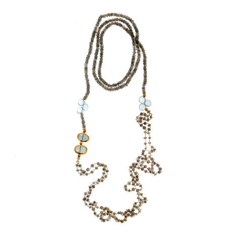 <P dir=ltr class=Body>Labradorite Long Necklace with 2 Aquamarine stones wrapped with 24K Gold 52" Long or upon request.</P>