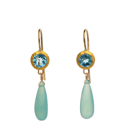 <P dir=ltr class=Body>Round Blue Topaz Earrings wrapped with 24K Gold, with a long Chalcedony Drop</P>