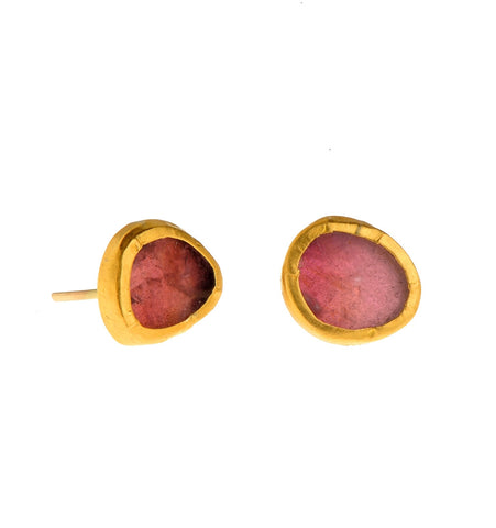 <P dir=ltr class=Body>One Of A Kind Uneven shaped Pink Tourmaline Stud Earrings wrapped with 24K Gold</P>