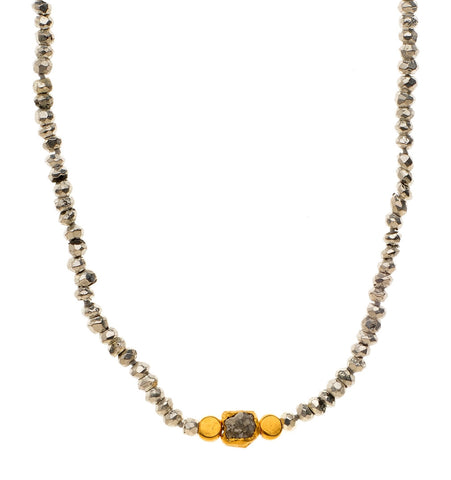<P class=Body dir=ltr>Silver Pyrite Necklace and a Raw Diamond wrapped with 24K Gold and 18K Gold Nuggets, can wear all day, or night! Elegant yet simple.</P>