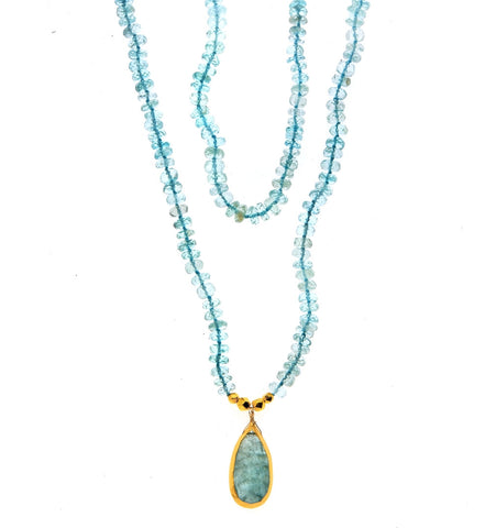 <P dir=ltr class=Body>Long Blue Topaz Necklace and a Drop of Aquamarine wrapped with 24K Gold</P>