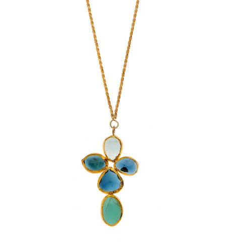 <P dir=ltr class=Body>Long Gold Necklace with Blue/Green Tourmaline Cluster wrapped with 24K Gold Length: 17"</P>