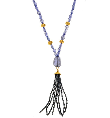 <P dir=ltr class=Body><SPAN style="COLOR: #644f21">Long Kyanite Necklace with a 24K Handmade Solid Gold Bell,&nbsp;18K Gold Balls and Strings of Pyrite</P>