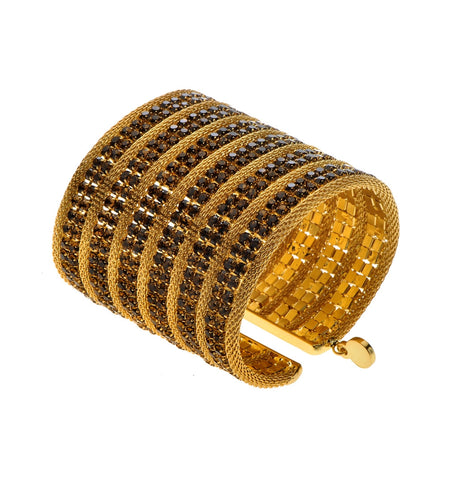 <P class=Body dir=ltr>Fabolous Golden Metal Cuff Bracelet with Smoky Topaz Glass Stones Hight 58mm, Width 175mm Nickel Free!</P>