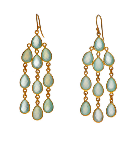 <P class=Body dir=ltr>Long dangling Chandelier Chalcedony Earrings, coated with 24K Gold over Sterling Silver. Hang 75mm Width 25mm </P>