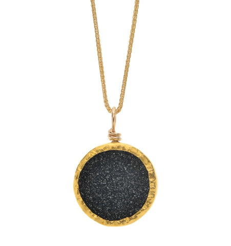 <P dir=ltr class=Body>14K Gold Necklace with a Round Black Pyrite Pendant wrapped with 24K Gold. Necklace is&nbsp;16.5" Long. Pendant is 20mm x 20mm </P>