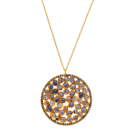 <P class=Body dir=ltr>Blue Sapphire and Diamond Pendant set in Sterling Silver with 24K Gold Vermeil Pendant size Round 40mm Necklace is 33" Long </P>