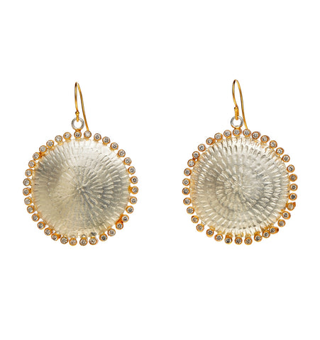 <P class=Body dir=ltr>Large Round White Sterling Silver and 24K Vermeil Earrings with White Zircons Hang 53mm Width 38</P>