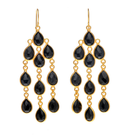 <P class=Body dir=ltr>Long dangling Chandelier Onyx Earrings, coated with 24K Gold over Sterling Silver. Hang 78mm Width 22mm </P>