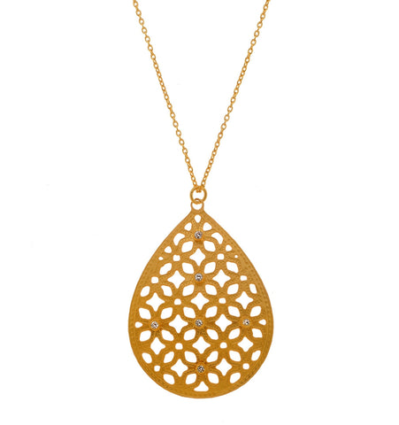 <P class=Body dir=ltr>Long 24K Vermeil Necklace with Lace Teardrop and White Zircons Pendant 30" Long. Pendant is 55mm Long and 40mm Wide</P>