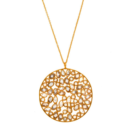 <P class=Body dir=ltr>Long 24K Vermeil Necklace with Round Pendant of White Zircons 30" Long. Pendant is 40mm x 40mm.</P>