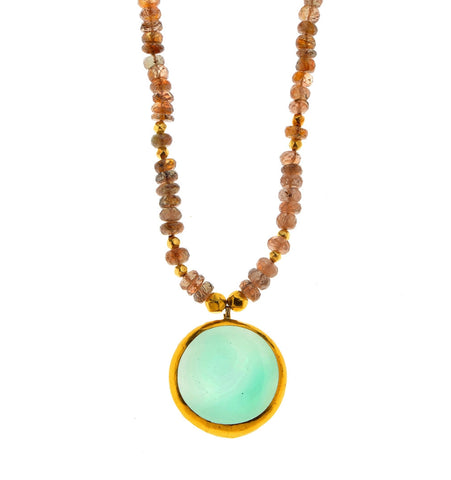 <P dir=ltr class=Body>Andalusite Necklace with a Round Peruvian Chalcedony drop wrapped with 24K Gold 18" Long</P>