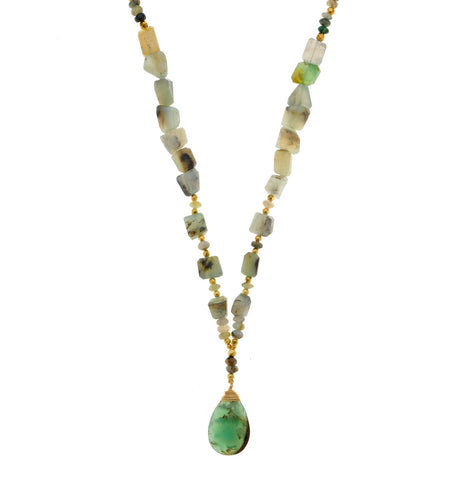 <P>Long Opal and Chrysophase Necklace with 18K Gold Beads</P>