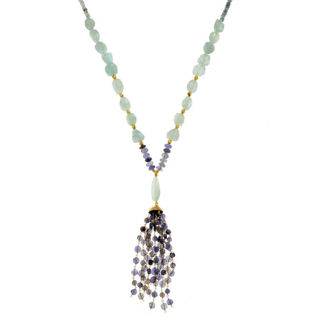 <P dir=ltr class=Body>Long Moss Aquamarine, Aquamarine and Iolite Necklace with 18K Gold Beads and Dome</P>