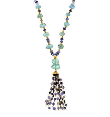 <P dir=ltr class=Body>Long Aquamarine and Iolite Necklace with 18K Gold Beads and Dome</P>