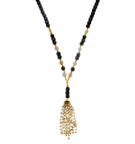 <P dir=ltr class=Body>Long Labradortie and Onyx Necklace with 18K Gold Beads and Dome, Iolite Strings</P>