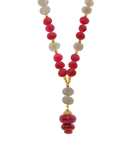 <P dir=ltr class=Body>Long Gray Moonstone and Ruby Necklace with a Giant Ruby drop, 18K Gold Beads and Dome</P>