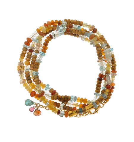 <P dir=ltr class=Body>Long Bracelet of Aquamarine, Garnet, Hessonite and MOP with three 24K Nuggets 36" Long or upon request</P>