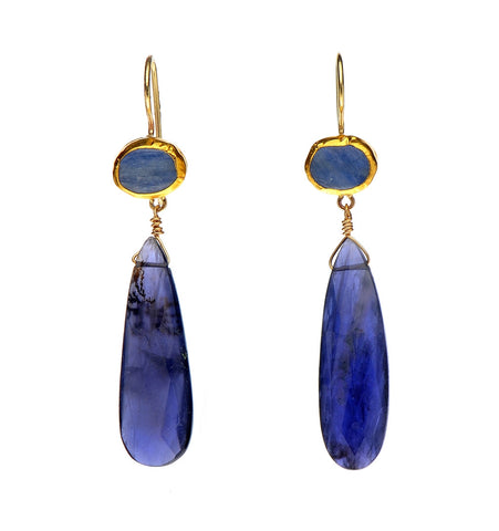 <P dir=ltr class=Body>Small Oval Kynite Earrings wrapped with 24K Gold and a long drop Iolite</P>