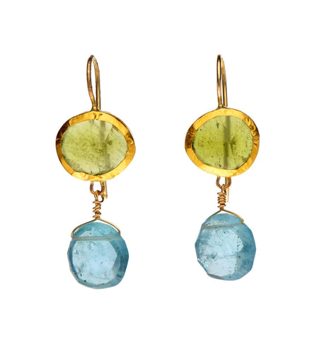 <P dir=ltr class=Body>Oval Bassonite Earrings wrapped with 24K Gold and a round Aquamarine drop</P>