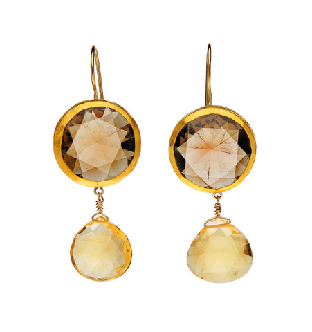 <P class=Body dir=ltr>Large Round 18mm Smoky Topaz Earrings wrapped with 24K Gold and a Citrine drop</P>
