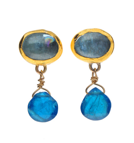 <P dir=ltr class=Body>Oval Stud Aquamarine wrapped with 24K Gold and Apatite drop Hang 15mm Width 10mm</P>