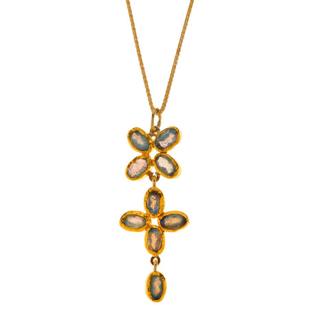 <P dir=ltr class=Body>Gold 14K Chain and a Double drop Butterfly Pendant of Labradorite, all wrapped with 24K Gold. 16.5" Long. Pendant is 40 Long x 15mm Wide</P>