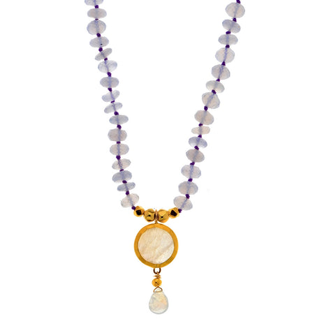 <SPAN style="COLOR: #644f21">Moonstone and Chalcedony Necklace with a round Moonstone drop wrapped with 24K Gold 24" Long + 1.5"&nbsp;Drop, or upon Request&nbsp; <P class=Body dir=ltr></P>