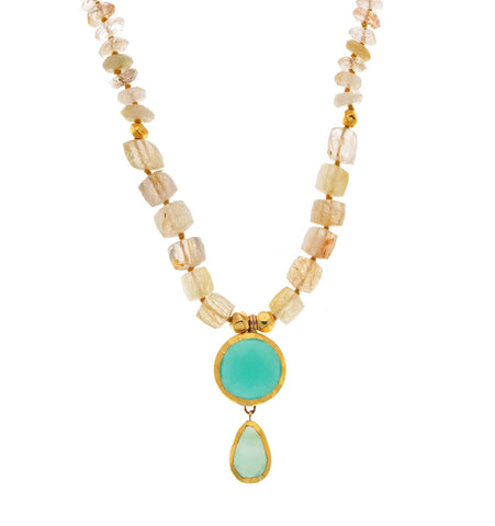 <P class=Body dir=ltr>Ruthilated Quartz Necklace with double pendants of Chalcedony wrapped in 24K Gold 17" Long (or upon request) + 1.5" Long Drops</P>