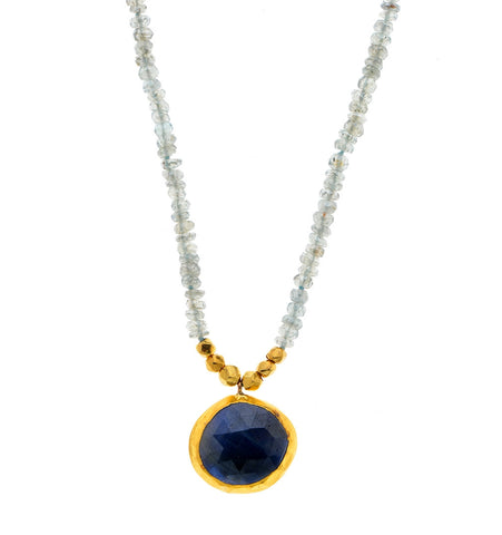 <P dir=ltr class=Body>One Of A Kind Coated Aquamarine Necklace with an uneven shaped Sapphire wrapped with 24K Gold 16" Long (or upon request) + 0.8" Long Pendant Size, color and shape of Sapphire may vary</P>