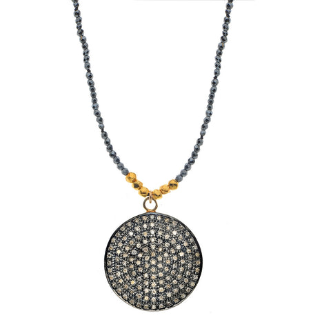 <P class=Body dir=ltr>Tiny Pyrite necklace and a Large Round&nbsp; Pendant with Diamonds 17" Long (or upon request) + 1.2" Pendant, all hand made.&nbsp;&nbsp;There is NOTHING like Diamonds, girl's best friend</P>