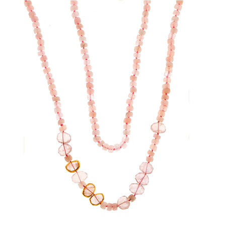 <P class=Body dir=ltr>Long Rose Quartz Necklace with three stones wrapped in 24K Gold 42" Long or upon request</P>