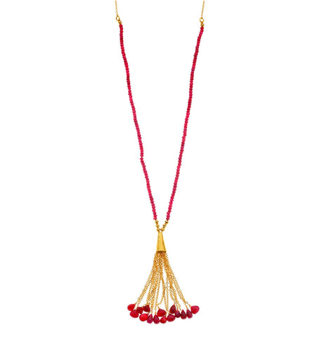 <P class=Body dir=ltr>Long Necklace of Ruby and Vermeil with a Long 24K Gold Dome and Ruby drops 31" Long + 2.8" Tassels or upon Request</P>