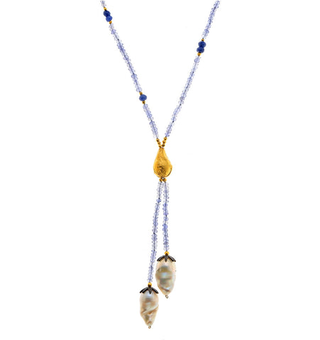 <P class=Body dir=ltr>Long Tanzanite Necklace with One large Pearl wrapped with 24K Gold and 2 Fresh water Pearls with Diamond Huggers 23" Long + 5" Strings</P>